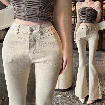 FA56530# Chill巧儿韩女私藏高腰修身弹力显腿长卡其牛仔喇叭裤微喇裤 服裝批發女裝批發服飾貨源