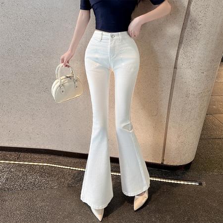 FA56530# Chill巧儿韩女私藏高腰修身弹力显腿长卡其牛仔喇叭裤微喇裤 服裝批發女裝批發服飾貨源