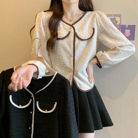 FA56532# 早春大码女装胖MM法式小众设计感撞色衬衫上衣 服裝批發女裝批發服飾貨源