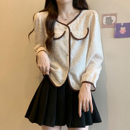 FA56532# 早春大码女装胖MM法式小众设计感撞色衬衫上衣 服裝批發女裝批發服飾貨源