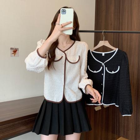 FA56532# 早春大码女装胖MM法式小众设计感撞色衬衫上衣 服裝批發女裝批發服飾貨源