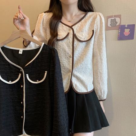 FA56532# 早春大码女装胖MM法式小众设计感撞色衬衫上衣 服裝批發女裝批發服飾貨源