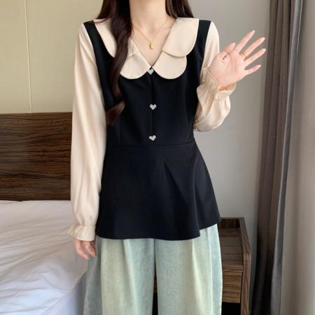 FA56534# 秋季新品大码女装胖MM娃娃领撞色拼接法式洋气显瘦假两件上衣 服裝批發女裝批發服飾貨源