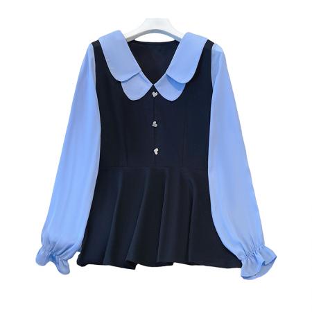 FA56534# 秋季新品大码女装胖MM娃娃领撞色拼接法式洋气显瘦假两件上衣 服裝批發女裝批發服飾貨源