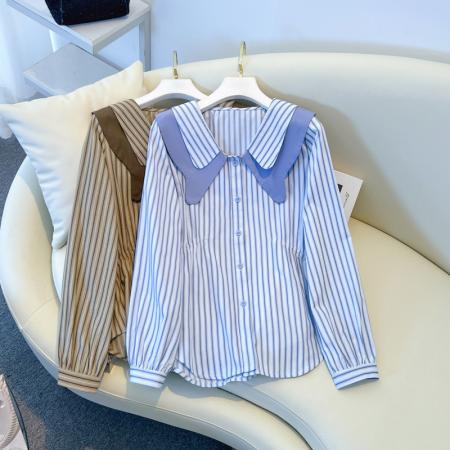 FA56535# 春季新款大码女装胖MM设计感双层娃娃领收腰显瘦百搭条纹衬衣 服裝批發女裝批發服飾貨源