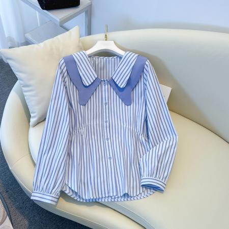 FA56535# 春季新款大码女装胖MM设计感双层娃娃领收腰显瘦百搭条纹衬衣 服裝批發女裝批發服飾貨源