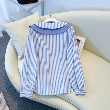 FA56535# 春季新款大码女装胖MM设计感双层娃娃领收腰显瘦百搭条纹衬衣 服裝批發女裝批發服飾貨源