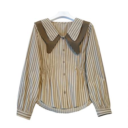 FA56535# 春季新款大码女装胖MM设计感双层娃娃领收腰显瘦百搭条纹衬衣 服裝批發女裝批發服飾貨源