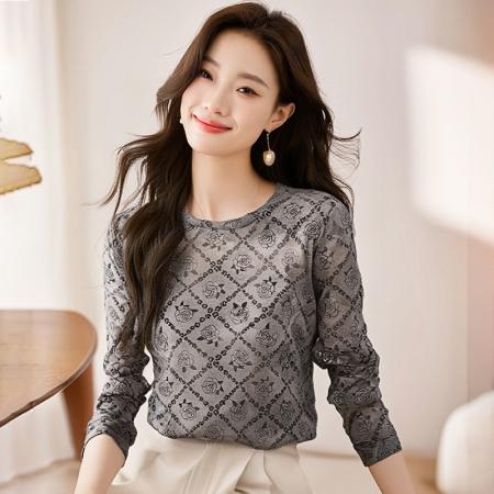 FA56537# 长袖上衣设计感修身高级打底衫女春新款印花圆领T恤 服裝批發女裝批發服飾貨源