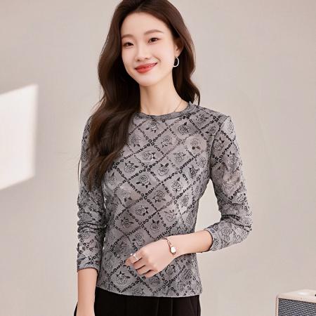 FA56537# 长袖上衣设计感修身高级打底衫女春新款印花圆领T恤 服裝批發女裝批發服飾貨源