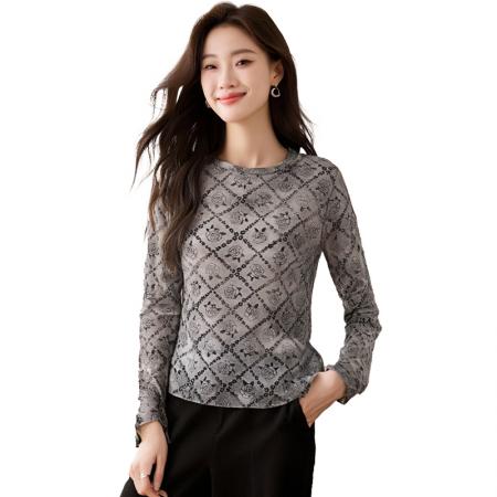 FA56537# 长袖上衣设计感修身高级打底衫女春新款印花圆领T恤 服裝批發女裝批發服飾貨源