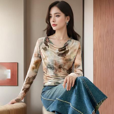 FA56538# 长袖设计感修身套头堆大圆领打底衫女春新款印花上衣T恤 服裝批發女裝批發服飾貨源