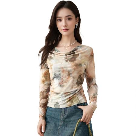 FA56538# 长袖设计感修身套头堆大圆领打底衫女春新款印花上衣T恤 服裝批發女裝批發服飾貨源