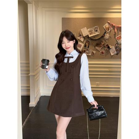 FA56542# 圣彼得韩系高智感学院风撞色格纹减龄假两件连衣裙短裙 服裝批發女裝批發服飾貨源