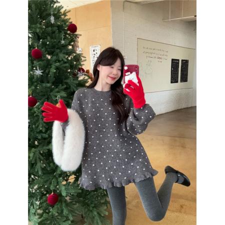 FA56543# 甜美风波点木耳边毛衣连衣裙+加厚打底裤袜+围脖 服裝批發女裝批發服飾貨源