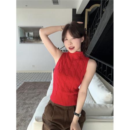 FA56544# 樱桃利口酒麻花针织套头背心新款春季显瘦打底上衣 服裝批發女裝批發服飾貨源