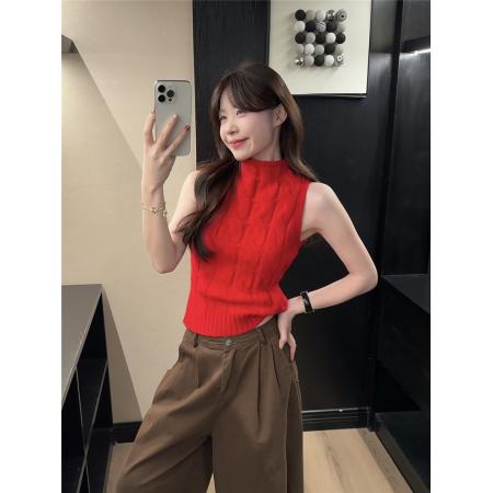 FA56544# 樱桃利口酒麻花针织套头背心新款春季显瘦打底上衣 服裝批發女裝批發服飾貨源