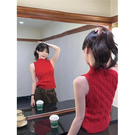 FA56544# 樱桃利口酒麻花针织套头背心新款春季显瘦打底上衣 服裝批發女裝批發服飾貨源