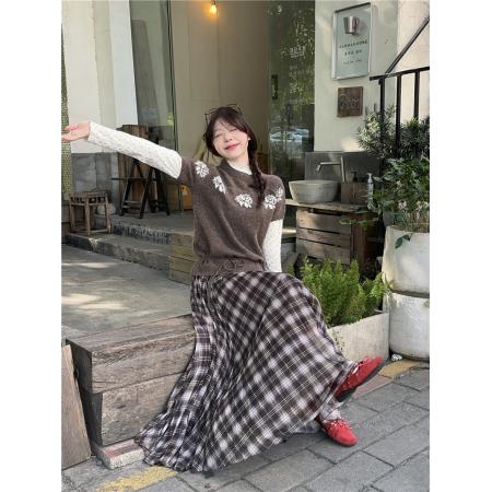 FA56545# 提花针织短袖毛衣系带+碎花磨毛打底T+撞色格纹半身裙 服裝批發女裝批發服飾貨源