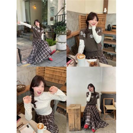 FA56545# 提花针织短袖毛衣系带+碎花磨毛打底T+撞色格纹半身裙 服裝批發女裝批發服飾貨源