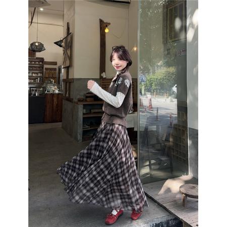 FA56545# 提花针织短袖毛衣系带+碎花磨毛打底T+撞色格纹半身裙 服裝批發女裝批發服飾貨源