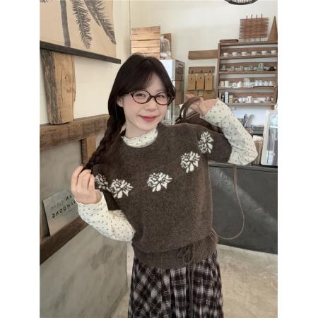 FA56545# 提花针织短袖毛衣系带+碎花磨毛打底T+撞色格纹半身裙 服裝批發女裝批發服飾貨源