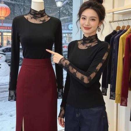 FA56546# 简约半高领时尚拼接蕾丝长袖T恤女秋冬新款修身显瘦内搭上衣 服裝批發女裝批發服飾貨源
