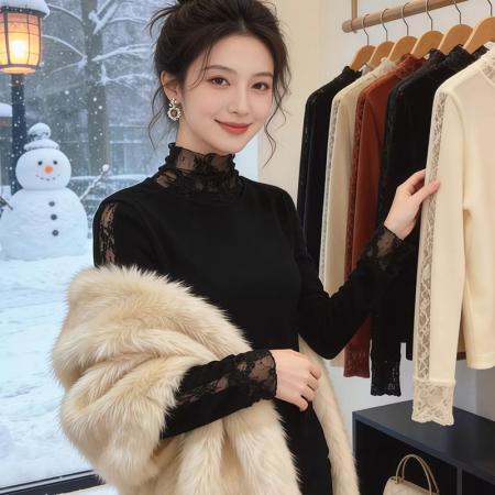 FA56546# 简约半高领时尚拼接蕾丝长袖T恤女秋冬新款修身显瘦内搭上衣 服裝批發女裝批發服飾貨源