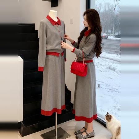FA56548# 韩系小众别致撞色拼接上衣冬季新款气质显瘦百搭半身裙套装 服裝批發女裝批發服飾貨源