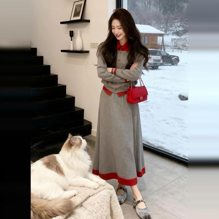 FA56548# 韩系小众别致撞色拼接上衣冬季新款气质显瘦百搭半身裙套装 服裝批發女裝批發服飾貨源