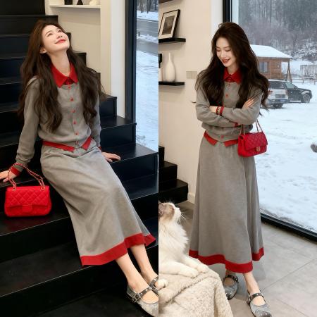 FA56548# 韩系小众别致撞色拼接上衣冬季新款气质显瘦百搭半身裙套装 服裝批發女裝批發服飾貨源