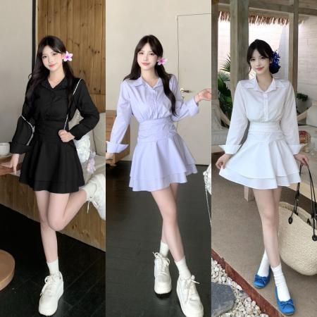 FA56550# 休闲显瘦纯色长袖连衣裙女春秋新款V领法式裙个子裙收腰雪纺裙 服裝批發女裝批發服飾貨源