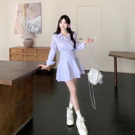 FA56550# 休闲显瘦纯色长袖连衣裙女春秋新款V领法式裙个子裙收腰雪纺裙 服裝批發女裝批發服飾貨源