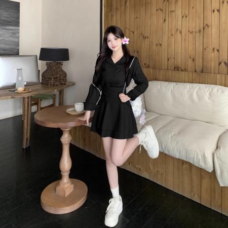 FA56550# 休闲显瘦纯色长袖连衣裙女春秋新款V领法式裙个子裙收腰雪纺裙 服裝批發女裝批發服飾貨源