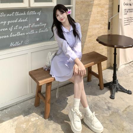 FA56550# 休闲显瘦纯色长袖连衣裙女春秋新款V领法式裙个子裙收腰雪纺裙 服裝批發女裝批發服飾貨源