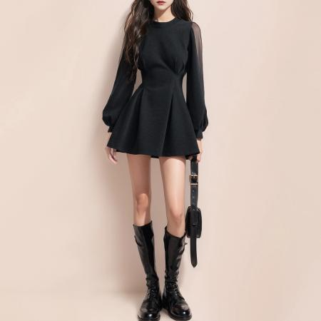 FA56551# 小个子法式长袖高级感千金收腰气质修身连衣裙短款裙子女装短裙 服裝批發女裝批發服飾貨源