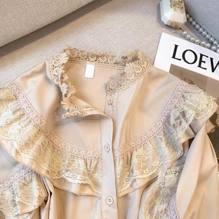 FA56554# 大货春装新款韩版蕾丝花边立领衬衣设计感小众衬衫女 服裝批發女裝批發服飾貨源