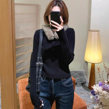 FA56555# 晚秋冬宽松拼接可拆卸毛领针织开衫毛衣外套女 服裝批發女裝批發服飾貨源