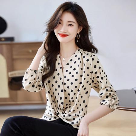 FA56556# 洋气秋季女装V领休闲宽松雪纺衫上衣套头衬衫女打底衫衬衣 服裝批發女裝批發服飾貨源