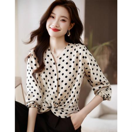 FA56556# 洋气秋季女装V领休闲宽松雪纺衫上衣套头衬衫女打底衫衬衣 服裝批發女裝批發服飾貨源