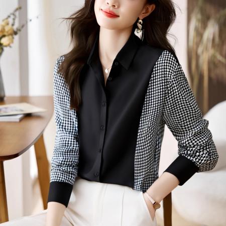 FA56557# 洋气休闲春秋新款女装翻领拼接雪纺衫上衣开衫衬衫打底衫衬衣 服裝批發女裝批發服飾貨源