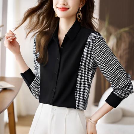 FA56557# 洋气休闲春秋新款女装翻领拼接雪纺衫上衣开衫衬衫打底衫衬衣 服裝批發女裝批發服飾貨源