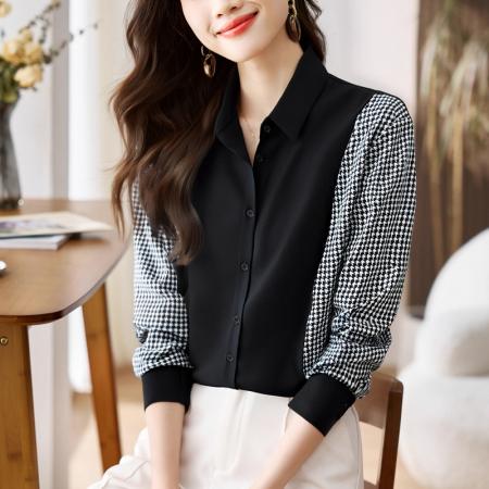 FA56557# 洋气休闲春秋新款女装翻领拼接雪纺衫上衣开衫衬衫打底衫衬衣 服裝批發女裝批發服飾貨源