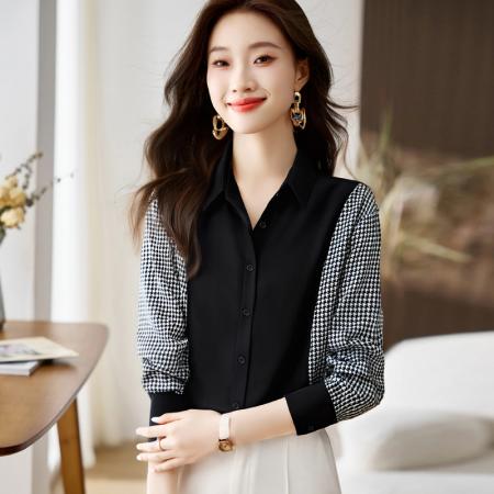 FA56557# 洋气休闲春秋新款女装翻领拼接雪纺衫上衣开衫衬衫打底衫衬衣 服裝批發女裝批發服飾貨源