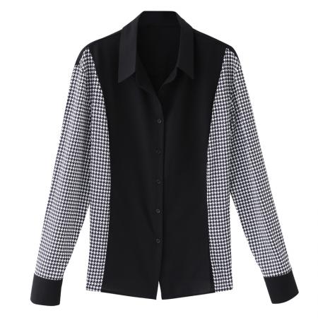 FA56557# 洋气休闲春秋新款女装翻领拼接雪纺衫上衣开衫衬衫打底衫衬衣 服裝批發女裝批發服飾貨源