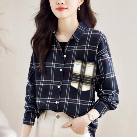 FA56558# 洋气秋季新款女装翻领拼接格子雪纺衫上衣开衫衬衫打底衫衬衣 服裝批發女裝批發服飾貨源