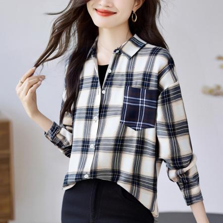 FA56558# 洋气秋季新款女装翻领拼接格子雪纺衫上衣开衫衬衫打底衫衬衣 服裝批發女裝批發服飾貨源