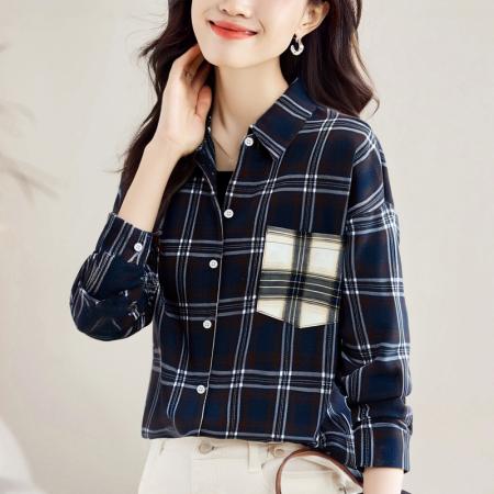 FA56558# 洋气秋季新款女装翻领拼接格子雪纺衫上衣开衫衬衫打底衫衬衣 服裝批發女裝批發服飾貨源