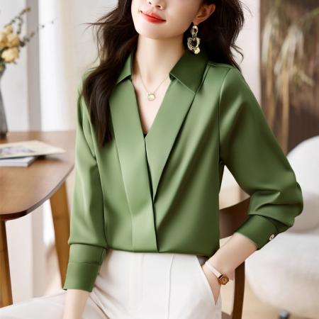 FA56560# 缎面仿真丝秋季新款女装翻领纯色雪纺衫上衣开衫衬衫打底衬衣 服裝批發女裝批發服飾貨源