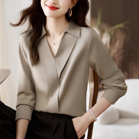 FA56560# 缎面仿真丝秋季新款女装翻领纯色雪纺衫上衣开衫衬衫打底衬衣 服裝批發女裝批發服飾貨源